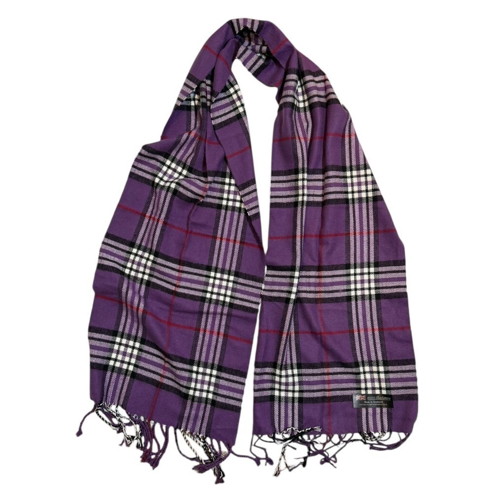 Vintage 100% Cashmere Scarf Made in Scotland Purple Plaid Check Fringe Soft - Picture 2 of 6